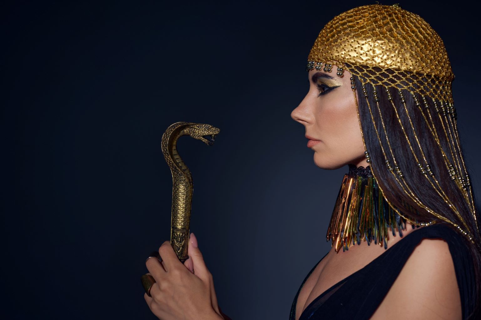 Side view of woman in Egyptian attire.